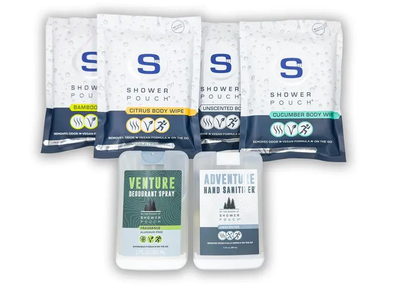Adventure Sampler Kit – 4 Xl Shower Pouches, 80% Alcohol Hand Sanitizer, And Deodorant 1